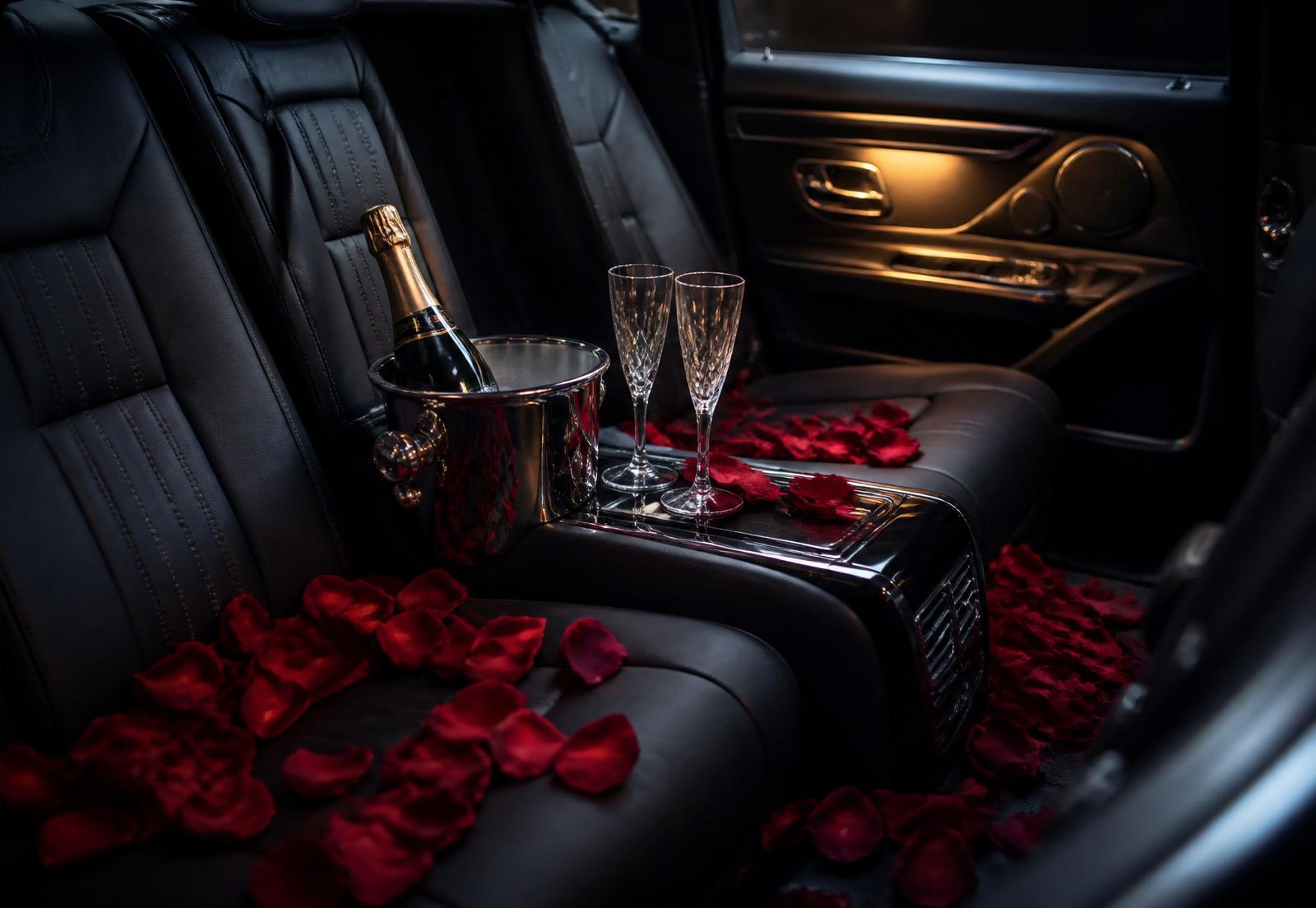 Luxury car cabin with rose petals and champagne on ice