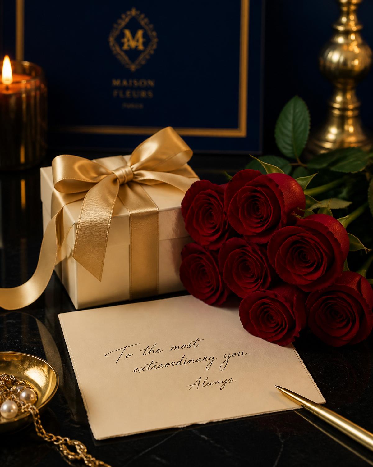 Ivory gift box with gold ribbon and long-stem red roses