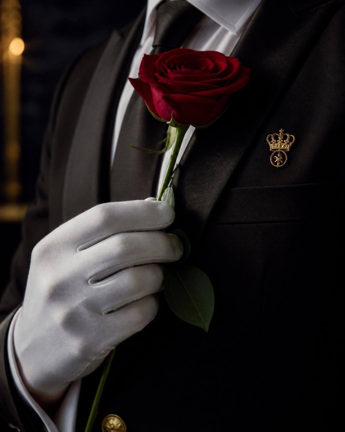 White-gloved chauffeur presenting a single red rose